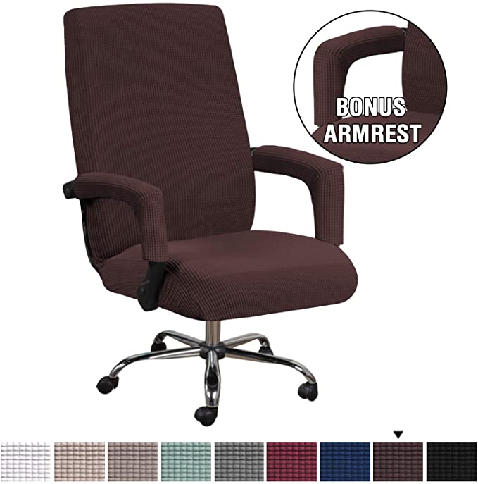 H.VERSAILTEX High Stretch Office Chair Cover, Jacquard Computer Office Chair Covers Jacquard Lycra Universal Boss Chair Covers Modern Simplism Style High Back Chair Slipcover (Large, Chocolate)