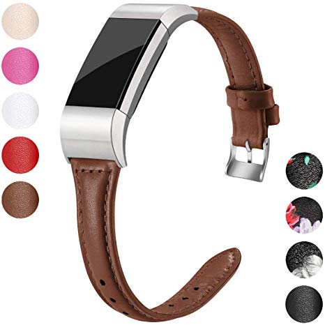 Maledan Leather Bands Compatible with Fitbit Charge 2 for Women Men, Slim Genuine Leather Wristband Strap Replacement Accessories Band, Large Small