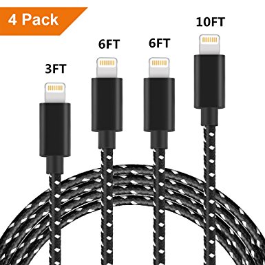 [4 Pack] Lightning Cable, [3FT 6FT 6FT 10FT] Charge Cable Nylon Braided USB Charging and Syncing Cord Compatible with iPhone X/8/8 Plus/7/7 Plus/6S/6S Plus/iPad, etc (Black)