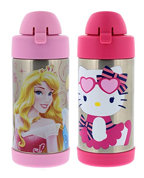 Thermos FUNtainer Vacuum Insulated Stainless Steel Kids Drinkware Bottle with Straw, 10 Ounce - Tasteless and Odorless, BPA Free, Great for Children – Disney Princess and Hello Kitty Cupcake (2 Pack)