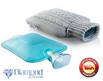 #1 Hot Water Bottle Travel, Warm compress, water bags, hotwaterbottle - Made of Premium Rubber Classic Rubber LARGE SIZE, for Quick Pain Relief and Comfort with Knit Cover – Gray by Diamond Driven