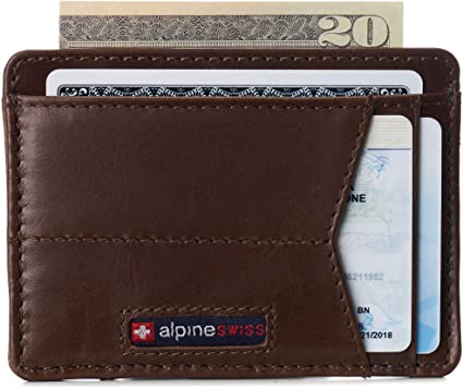 Alpine Swiss RFID Minimalist Oliver Front Pocket Wallet For Men Leather Hampton Collection Glossy Nappa Brown