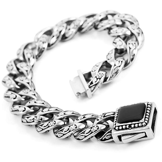 INBLUE Men's Stainless Steel Enamel Bracelet Link Wrist Silver Tone Black Flower