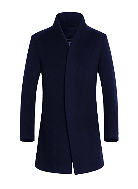 Sulandy Men's Wool French Front Slim Fit Long Business Coat and Jacket