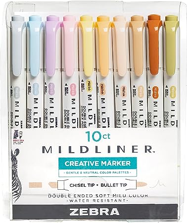 Zebra Pen Mildliner Double Ended Highlighter Set, Chisel and Bullet Point Tips, Assorted Neutral and Gentle Ink Colors, 10-Pack (78701)