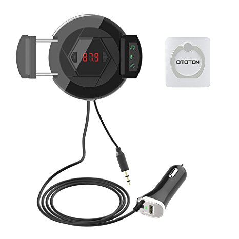 OMOTON Bluetooth FM Transmitter,Hi-Fi FM Transmitter, Wireless Car FM radio receiver, 4 in 1 Car Kit With [USB Car Charger][Hands Free Calling][Phone Mount Holder] AUX Input for iPhone/Android/MP3