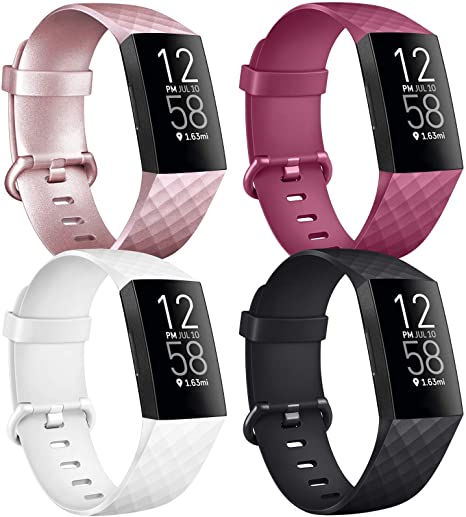 [4 Pack] Soft Silicone Wristbands Compatible with Fitbit Charge 4 Bands, Sports Straps for Fitbit Charge 4 / Charge 3 / SE (Rose Gold, Wine Red, White, Black, Large)