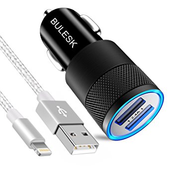 BULESK Car Charger, 24W/4.8A Rapid Dual Port USB Car Charger Adapter With 3FT 8pin USB Cable Charging Cord for Apple iPhone 7 Plus 6S 6 SE 5S 5, iPad, iPod (SilverGray)