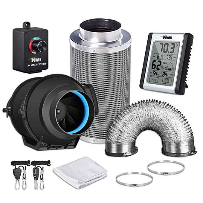 iPower GLFANXEXPSET4D25CHUMD 4 Inch 150 CFM Inline Carbon Filter 25 Feet Ducting with Fan Speed Controller and Temperature Humidity Monitor and Grow Tent Ventilation, Kits, Black