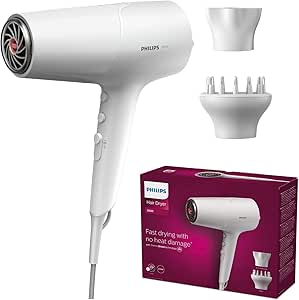 Philips Sèche-cheveux Série 5000 avec technologie ThermoShield, diffuseur de volume et concentrateur de 14 mm, blanc et métallique (modèle BHD500/20)