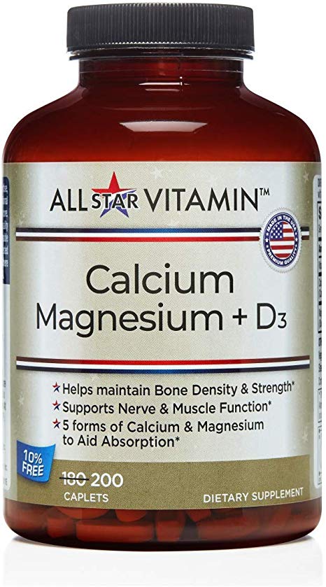Calcium 1000MG / Magnesium 500MG   Vitamin D3, 2 Per Day, 200 Caplets, Gluten Free, Osteoporosis, Bone Density, Absorbable, All-Star Vitamin