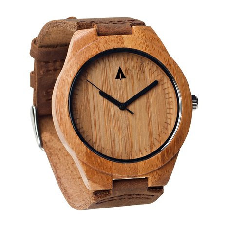 Treehut Mens Wooden Bamboo Watch with Genuine Brown Leather Strap Quartz Analog with Quality Miyota Movement, 1.7 inches