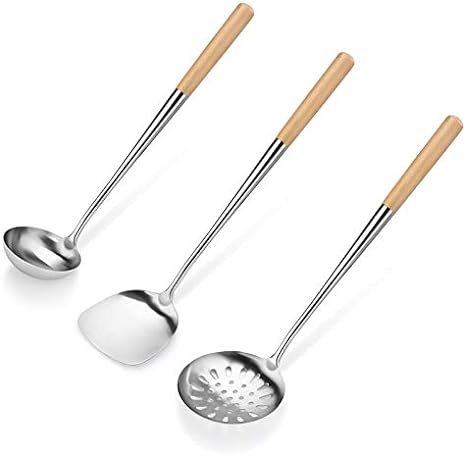 New Star Foodservice 1028737 Commercial-Grade Stainless Steel Specialty Chinese Wok Utensil Set, Spatula, Solid and Perforated Ladle, 16-Inch, 17-Inch, 17-Inch (Hand Wash Recommended)