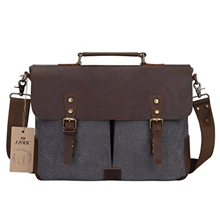 S-ZONE Fashion Canvas Genuine Leather Trim Travel Briefcase Laptop Bag (Big) (Dark Grey)