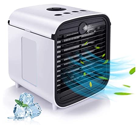 Brain Freezer Personal Air Cooler, Air Conditioner, Humidifier, Purifier, Aroma Diffuser 4 in 1 Evaporation Cooler with 3 Speed, 7 LED Lights, Mini Cooling Desktop Fan for Camping Tent, Office White