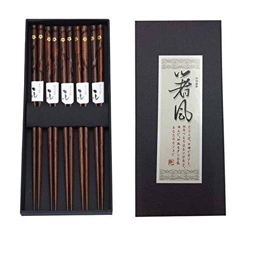 Youmi Japanese Natural Wood Chopstick Set Reusable Classic Style Chopsticks 5 Pairs Gift Set