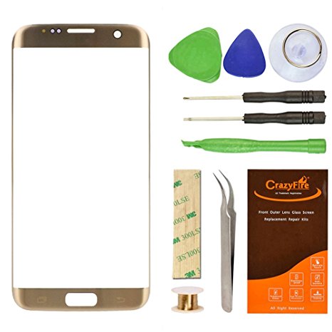 Samsung Galaxy S7 Edge Gold Replacement Front Outer Lens Glass Screen CrazyFire Repair Kit with 1MM Adhesive Tape  Tools Kit  1 Pair Tweezers 1 Roll Micro Wire for G935V G935P G935F G935T G935A
