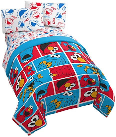 Jay Franco Sesame Street Sesame Street Elmo Cookie Squares 4 Piece Twin Bed Set - Includes Reversible Comforter & Sheet Set - Super Soft Fade Resistant Polyester - (Official Sesame Street Product)