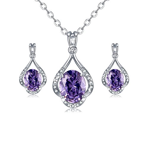 Incaton Crystal Jewelry Sets Hollow Out Purple Pendant Necklace Earrings Set for Women, Silver