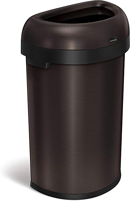 simplehuman 60 Liter / 15.9 Gallon Commercial Heavy-Gauge Stainless Steel Large Semi-Round Open Trash Can, Dark Bronze Stainless Steel