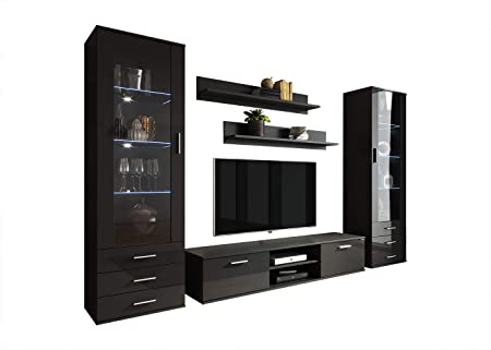 MEBLE FURNITURE & RUGS SOHO 4 Modern Wall Unit with 16 Colors LED Lights (Black)