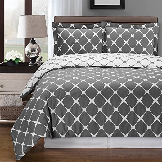 Gray and White Bloomingdale 3-PC King / Cal-King Duvet Cover Set, 100% Egyptian Cotton 300 TC