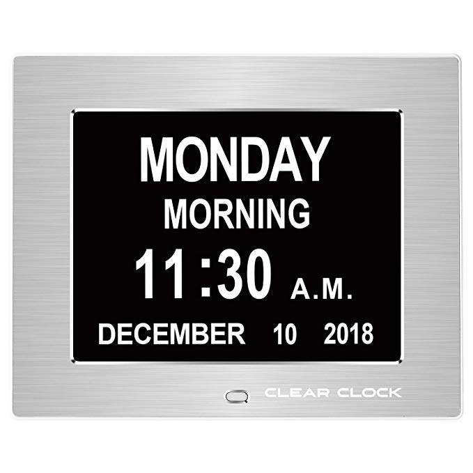 Clear Clock 2.0 Special Edition Metal Frame Extra Large Memory Loss Digital Day Clock Calendar with 12 Alarms Perfect for Seniors and Impaired Vision Dementia Clock (Silver Metal Frame)