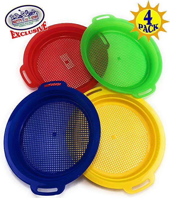 Matty's Toy Stop Sand Sifter Sieves for Sand & Beach (Red, Blue, Yellow & Green) Complete Gift Set Bundle - 4 Pack (8.75'' x 9.75")