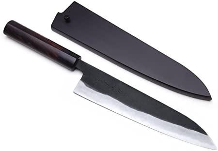 Yoshihiro Mizu Yaki Aogami Super Blue High Carbon Steel Kurouchi Gyuto Chef’s Knife (9.5'' (240mm) & Saya, D-Shape Rosewood Handle)