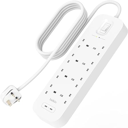 Belkin 8-Outlet Surge Protector Power Strip, Wall-Mountable with 8 AC Outlets, 2M Power Cord, & Green Indicator Light - 2 USB-C Ports w/USB-C PD Fast Charging - 900 Joules of Protection