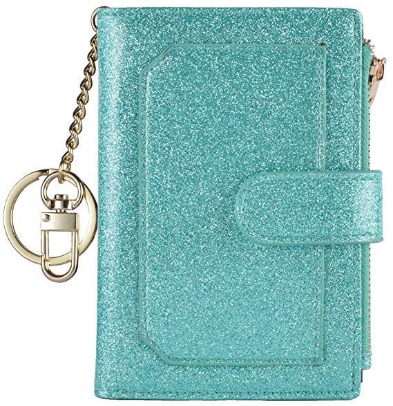 Womens Wallets RFID Small Compact Bifold Leather Card Holder Zip Pocket Keychain