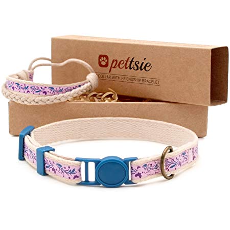 Pettsie Cat Collar Breakaway Safety and Friendship Bracelet for You, Durable 100% Cotton for Extra Safety, D-Ring for Accessories, Comfortable and Soft Cotton, Easy Adjustable 7.5-11.5 Inch