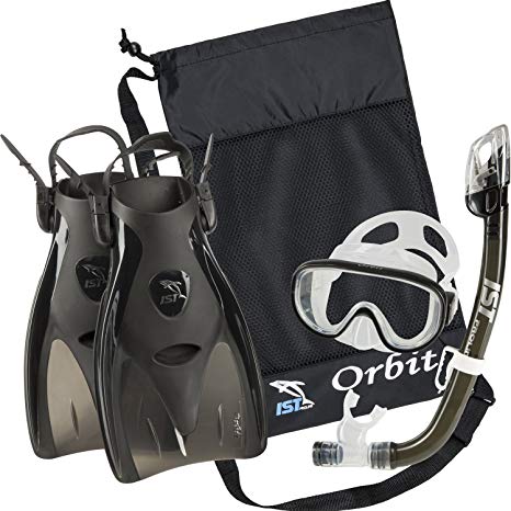 IST Orbit Snorkeling Gear Set: Tempered Glass Mask, Dry Top Snorkel & Trek Fins for Compact Travel