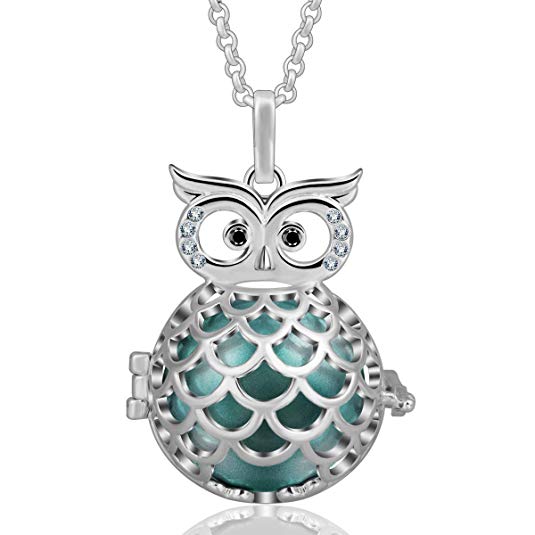 EUDORA Harmony Ball Wise Owl 20mm Pendant Pregnancy Long Necklace Mexico Bola Chime 45" Chain