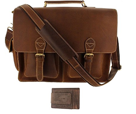 Viosi 16" Genuine Leather Laptop Briefcase Messenger Bag Front and Side Pockets with RFID Protection