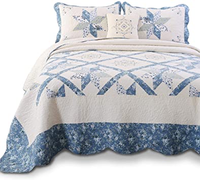 KASENTEX Luxurious Patchwork Bedspread Embroidery Coverlet 100% Cotton Quilt Machine Washable Oversize Queen(Blue, 102x118in)