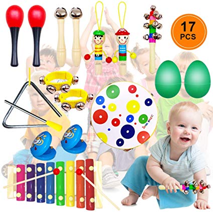 DIY House Musical Percussion Instrument Set 17 PCS Baby Music Band Education Percussion Toys for Toddlers Kids Preschool Children with Kids Zipper Handbag