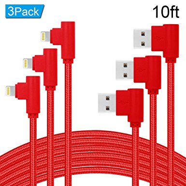 ANSEIP Right Angle Lightning Cable 3Pack 90 Degree iPhone Charger Cord Nylon Braided Data Cable Transfer and Charging for Apple iPhone X/8/7/6/5 iPad (Red, 10FT)