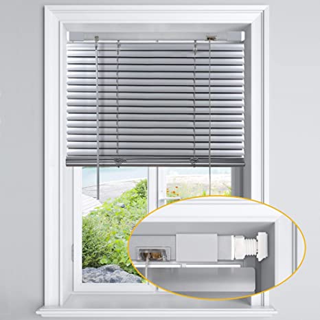 LazBlinds No Tools-No Drill 1" Aluminum Horizontal Mini Blinds Shades for Window Size 32'' W x 64'' H, Light Filtering Inside Installation, Silver Grey