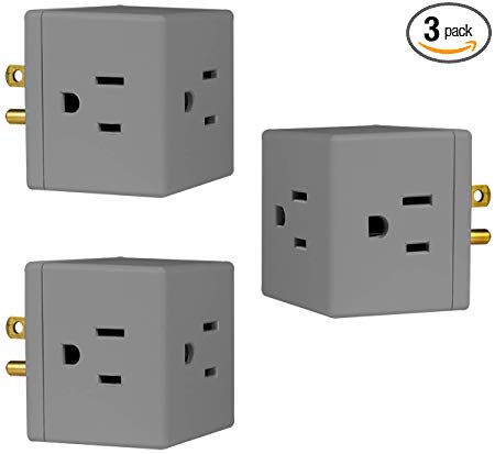 GE 3-Outlet Wall Tap, 3 Pack, Extra-Wide Adapter Spaced, Grounded, Easy Access Design, Indoor, Gray, 47036