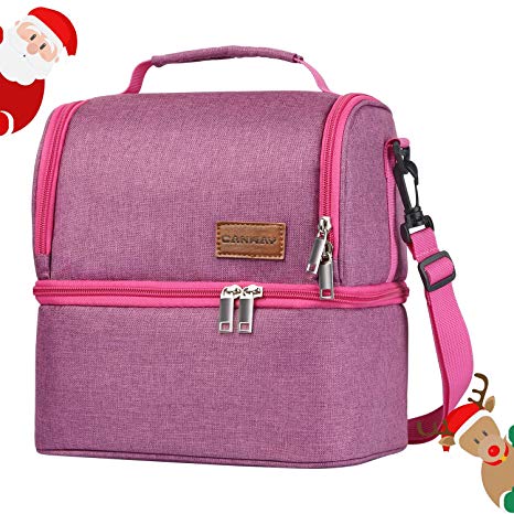 Insulated Lunch Bag, Dual Compartment Lunch Tote Box Leak-proof Bento Organizer, Double Deck Cooler for Women, Kids, for Office/School/Picnic/Travel/Camping (Rose Red)