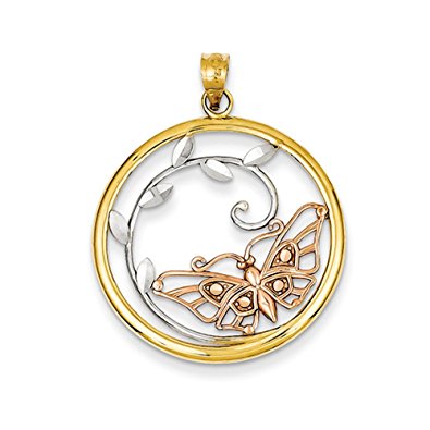 25mm Tri-Color Butterfly Circle Pendant in 14K Gold and Rhodium
