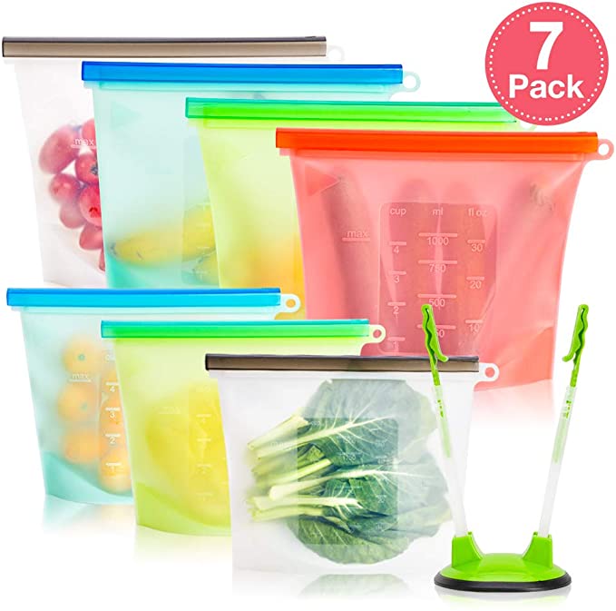Silicone Storage Bags Reusable, Ziplock Food Storage Bags, Airtight Seal Leakproof Container for Fruits Vegetables Snacks Sandwich, Microwave Dishwasher & Freezer Safe (7 Set)