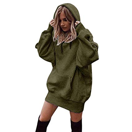 Women's Sweatshirt Dress, Long Sleeve Hoodies Solid Hooded-Tops Plus Size with Pockets (Size:S, Army Green)