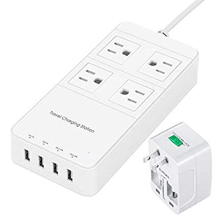 Amir Travel Power Charging Station, International Power Strip with USB, 3 in 1 Worldwide Travel Adapter (UK/AU/EU) & 4 AC Outlets & 4 USB Ports - White