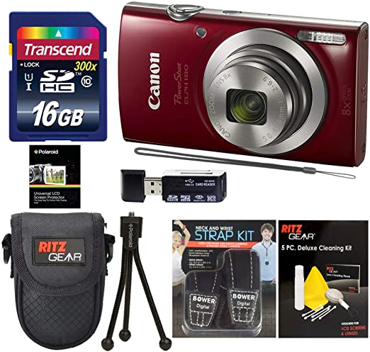 Canon Elph 180 Point and Shoot Camera (Red) with Transcend 16GB, Camera Case, Memory Card Reader, Neck Strap, Cleaning Kit Bundle