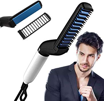 ZIZLY Multifunctional Beard Hair Straightener Comb for Men Curly Hair Straightening Quick Hair Styling Comb for Natural Side Hair Detangling with Detachable Safe Comb, Adjustable Temperature Comb