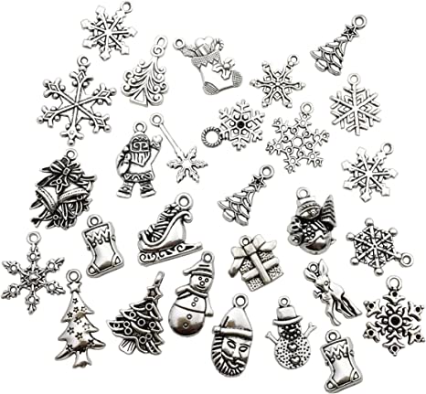 75 pcs Mixed Craft Supplies Christmas Tree Snowflakes Deer Bell Stocking Charms Pendants for Crafting Jewelry Findings Making Accessory For DIY Necklace Bracelet (M041)