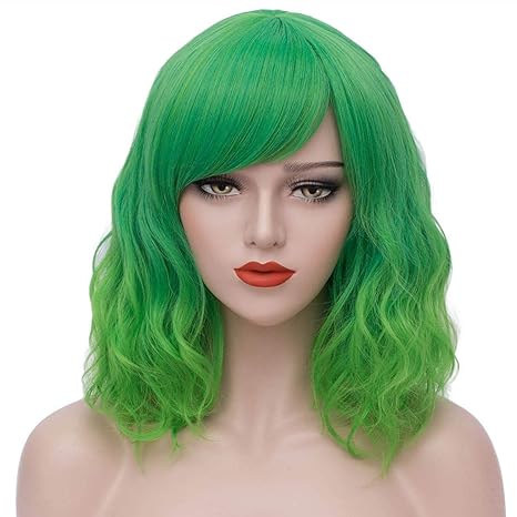 Mersi Green Wigs for Women Short Curly Wavy Wig with Bangs Pastel Synthetic Wigs for St Patrick's Day Party Cosplay Halloween ( Green ) S042GR