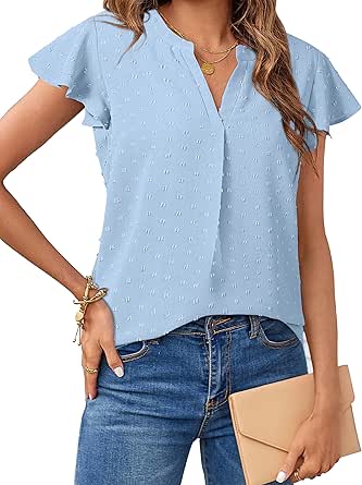 MEROKEETY Womens 2024 Summer V Neck Blouse Ruffle Short Sleeve Swiss Dot Dressy Casual Shirt Top